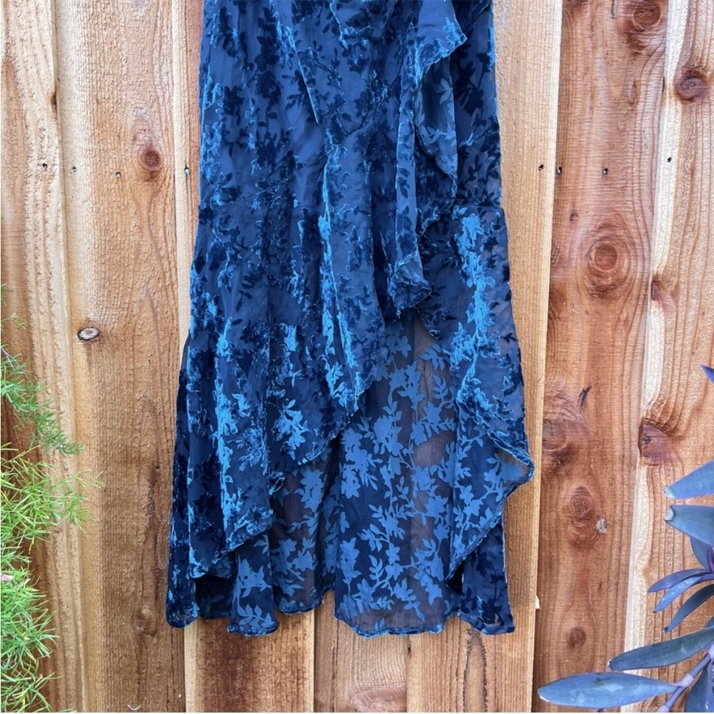 Teal Blue Floral Velvet Chiffon Ruffled Low-Back Maxi Dress 🌿 - Picture 5 of 8